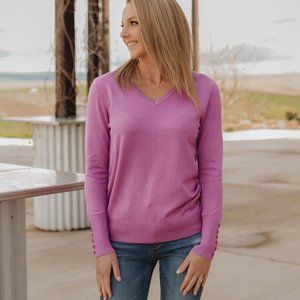 Button Sleeve V - Neck Sweater - Dark Mauve